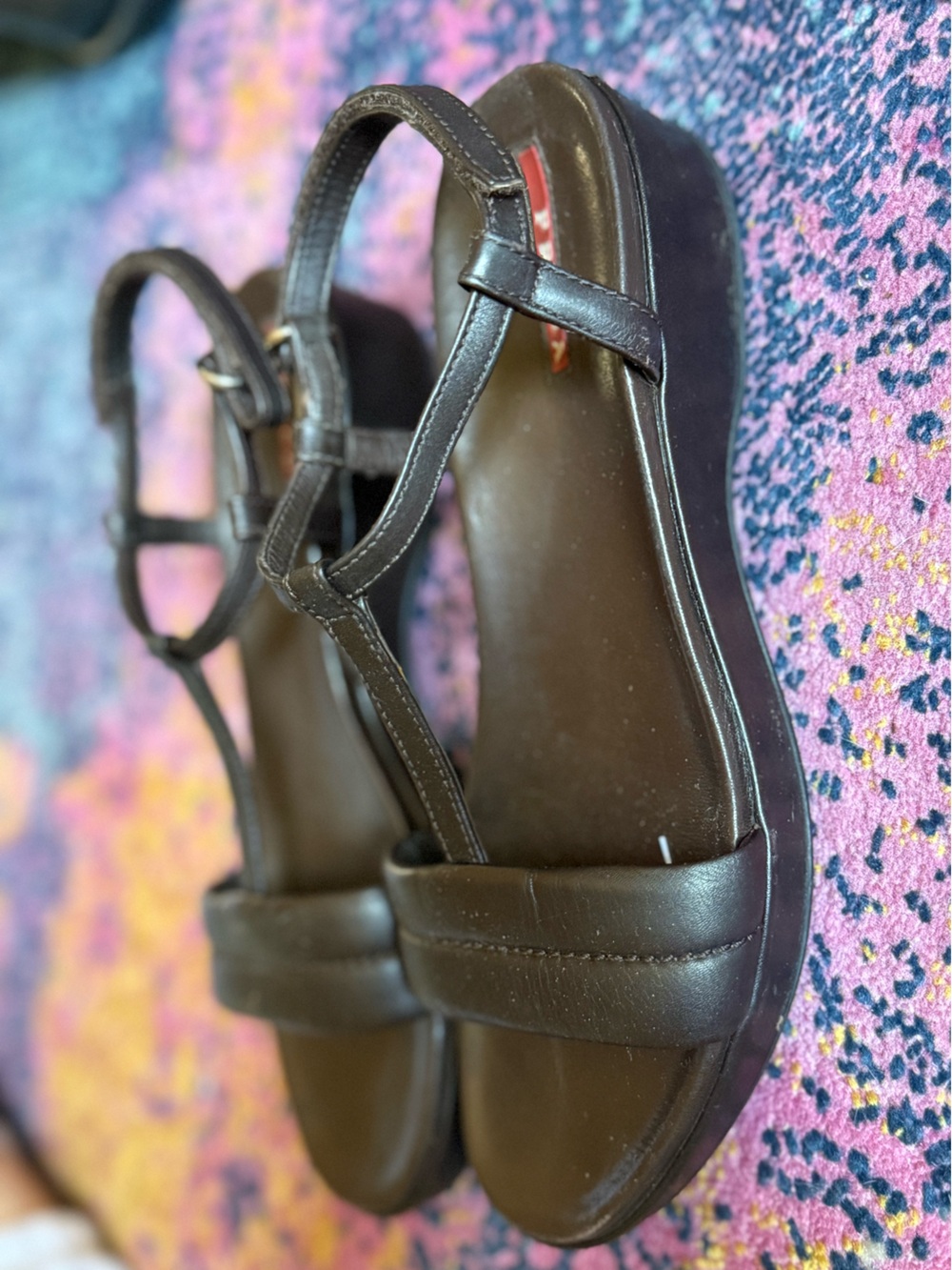 Vintage Prada Sport Linea Rossa Brown Leather T-Strap Wedge Sandals 90s - Picture 3 of 9